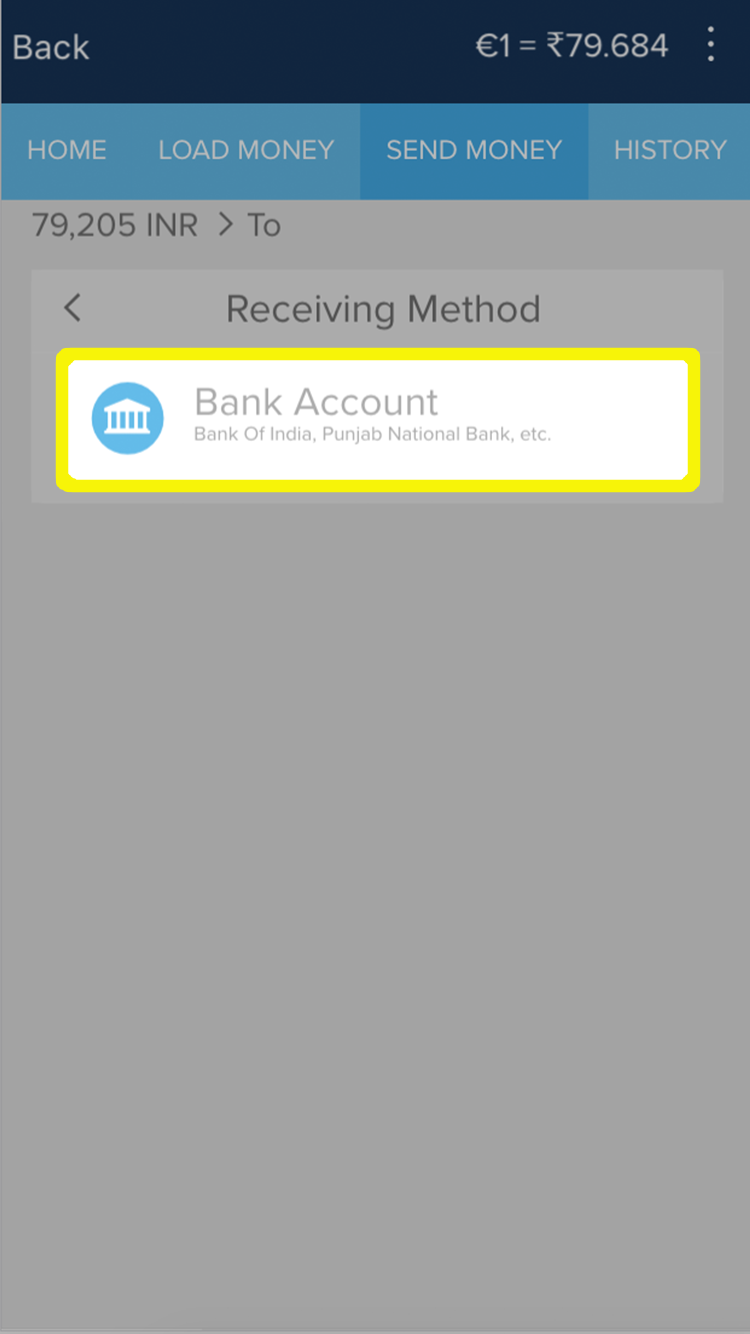 The Bank Account button is highlighted to prompt you to select it you would like your recipient to receive the money in his bank account.