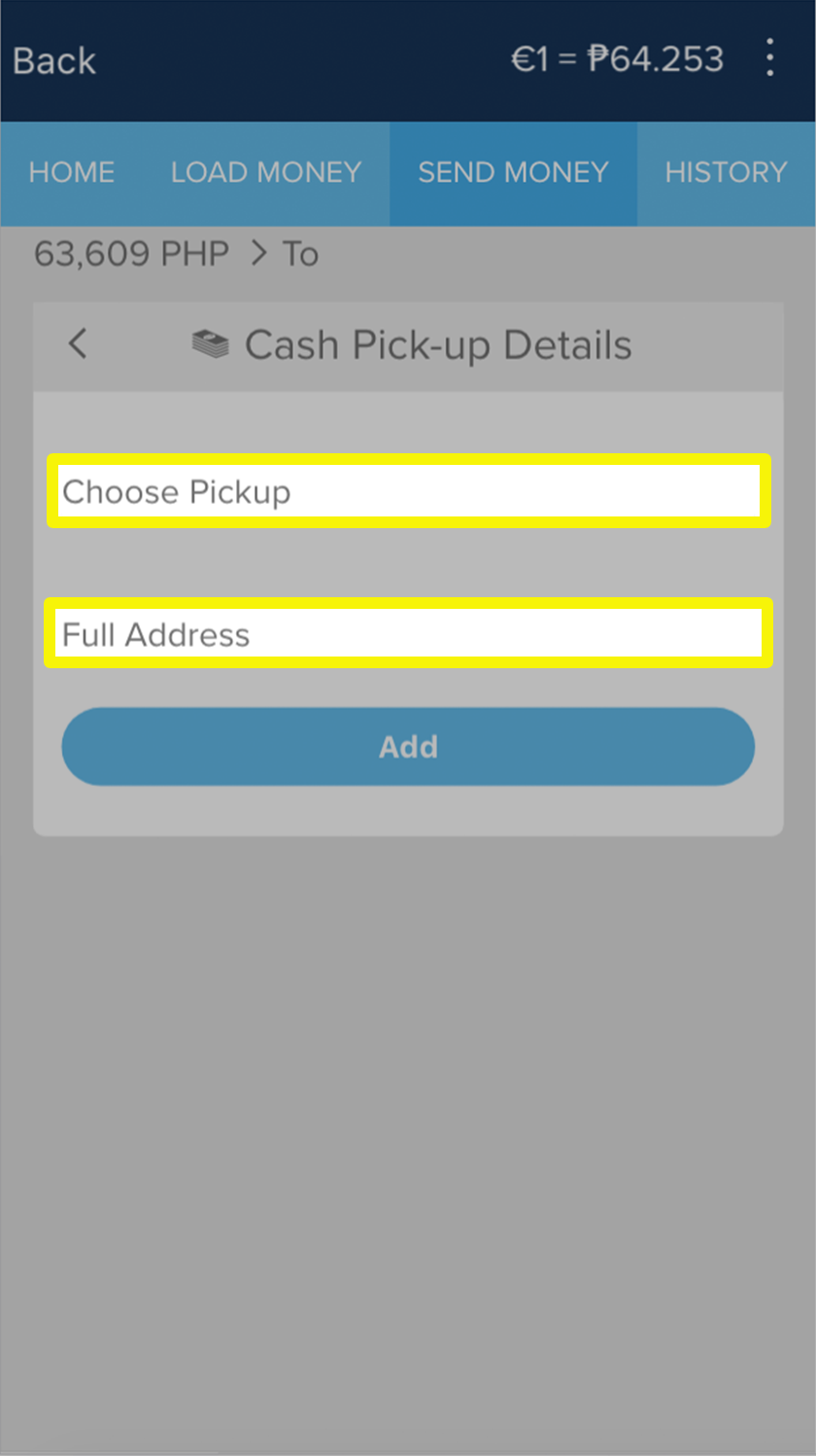 Page where you can enter cash pick-up details for your receiver (pickup and full address.