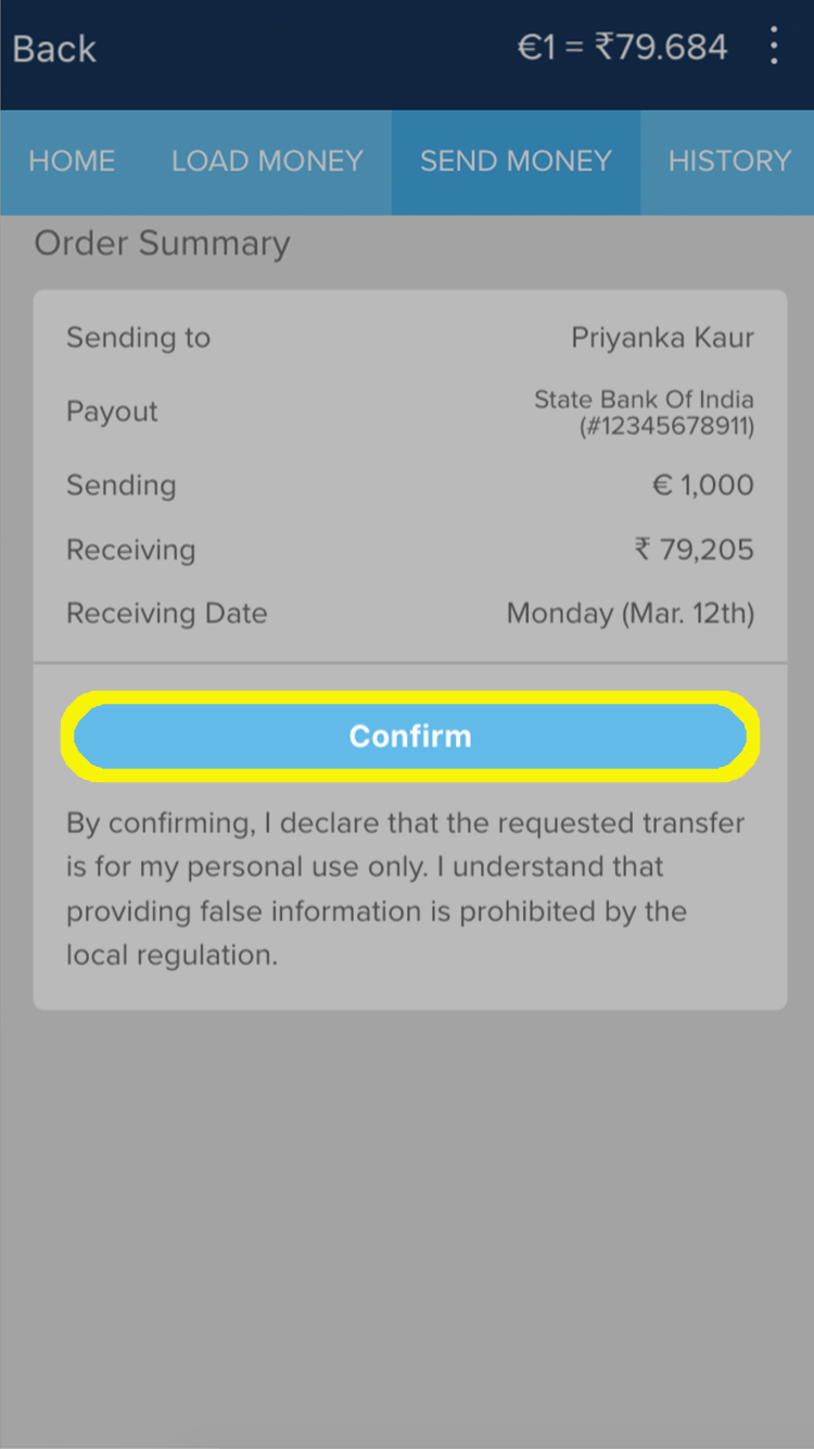 Confirmation page for order details and receiving date.
