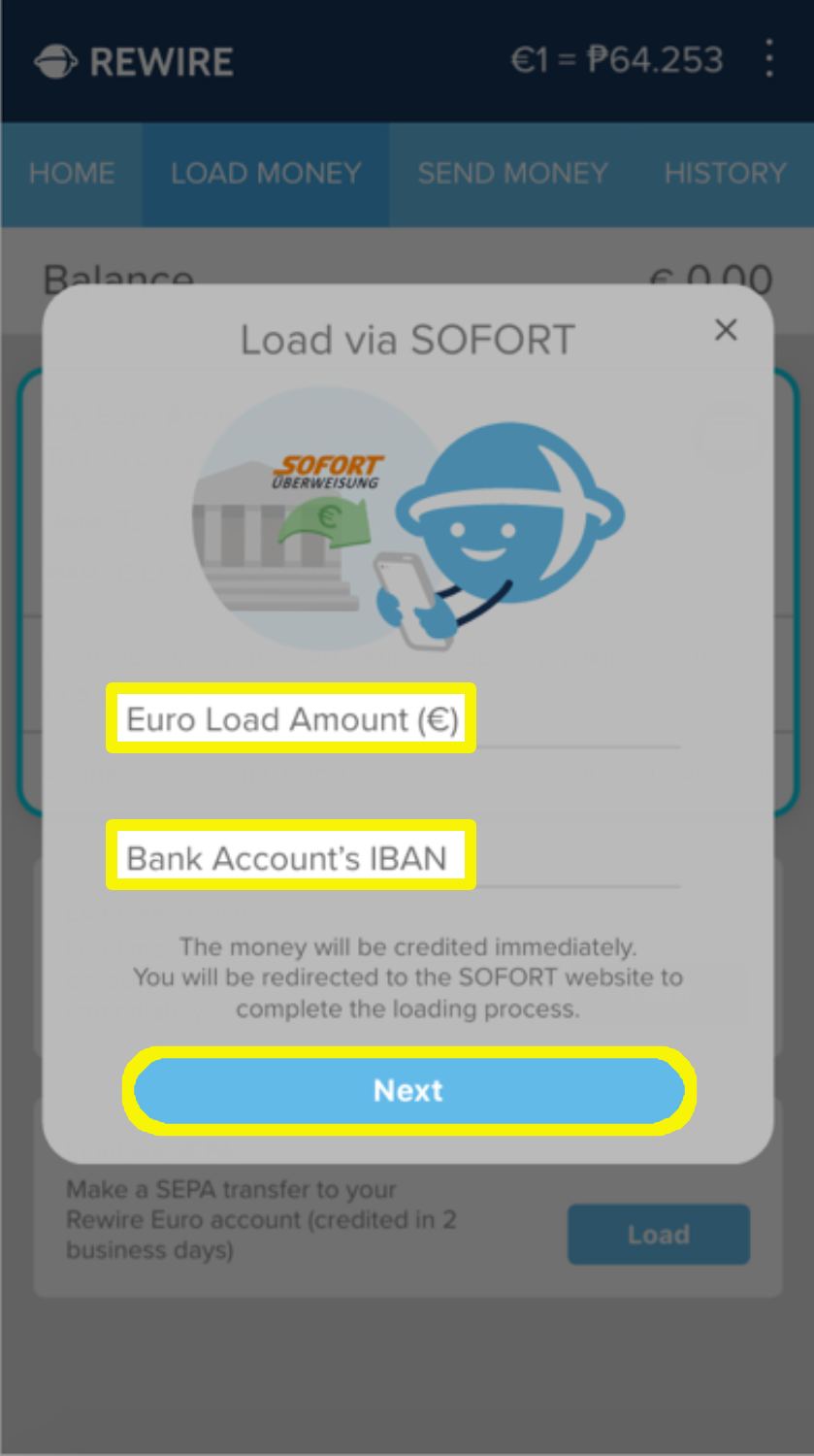 Pop-up to enter load amount and your bank account's IBAN details.