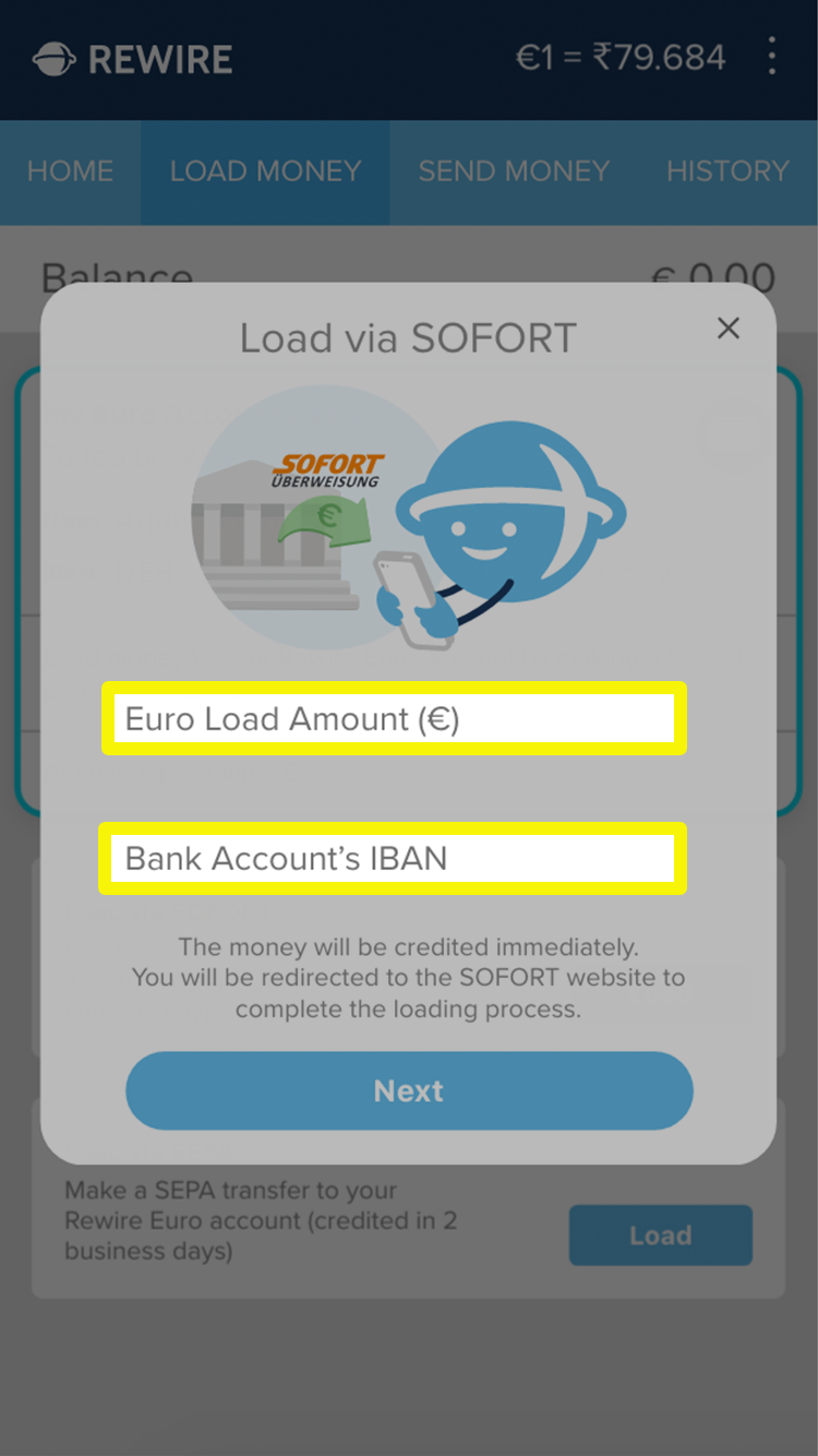 Pop-up to enter load amount and your bank account's IBAN details.