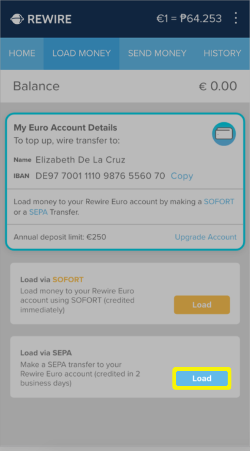 Highlighting Load button for loading via SEPA on the Load Money tab