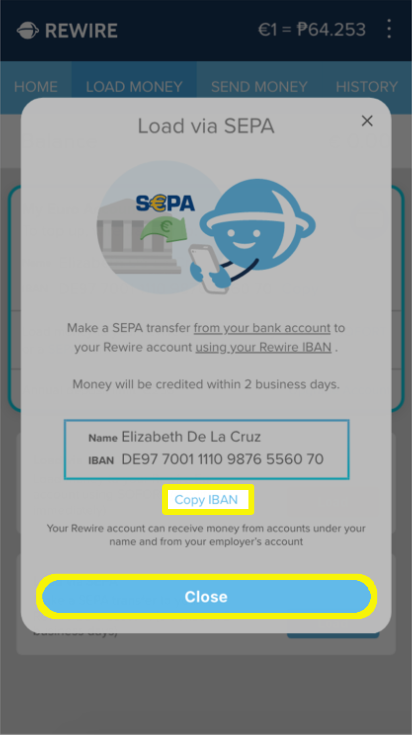 Pop-up to prompt you to make a SEPA transfer from your bank account to your Rewire account (select Copy IBAN to copy your Rewire account IBAN)