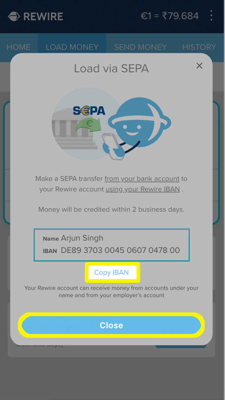 Pop-up to prompt you to make a SEPA transfer from your bank account to your Rewire account (select Copy IBAN to copy your Rewire account IBAN)