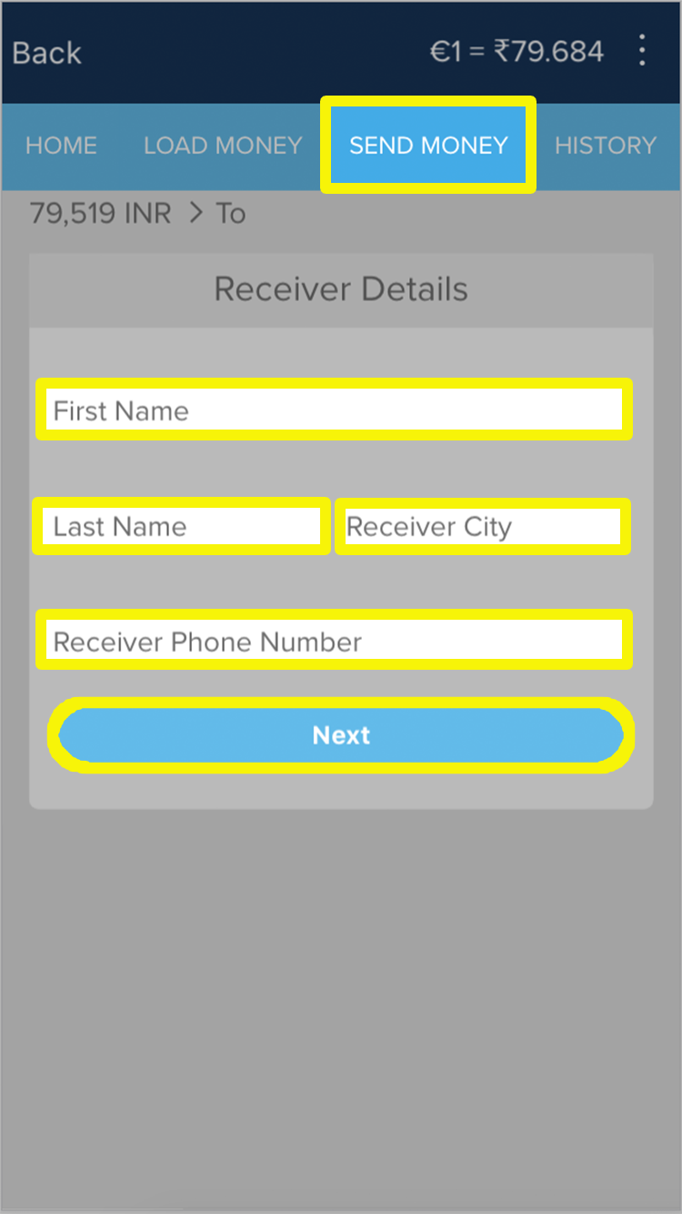 Page to enter your Receiver Details (first name, middle name, last name, receiver city, and receiver phone number)