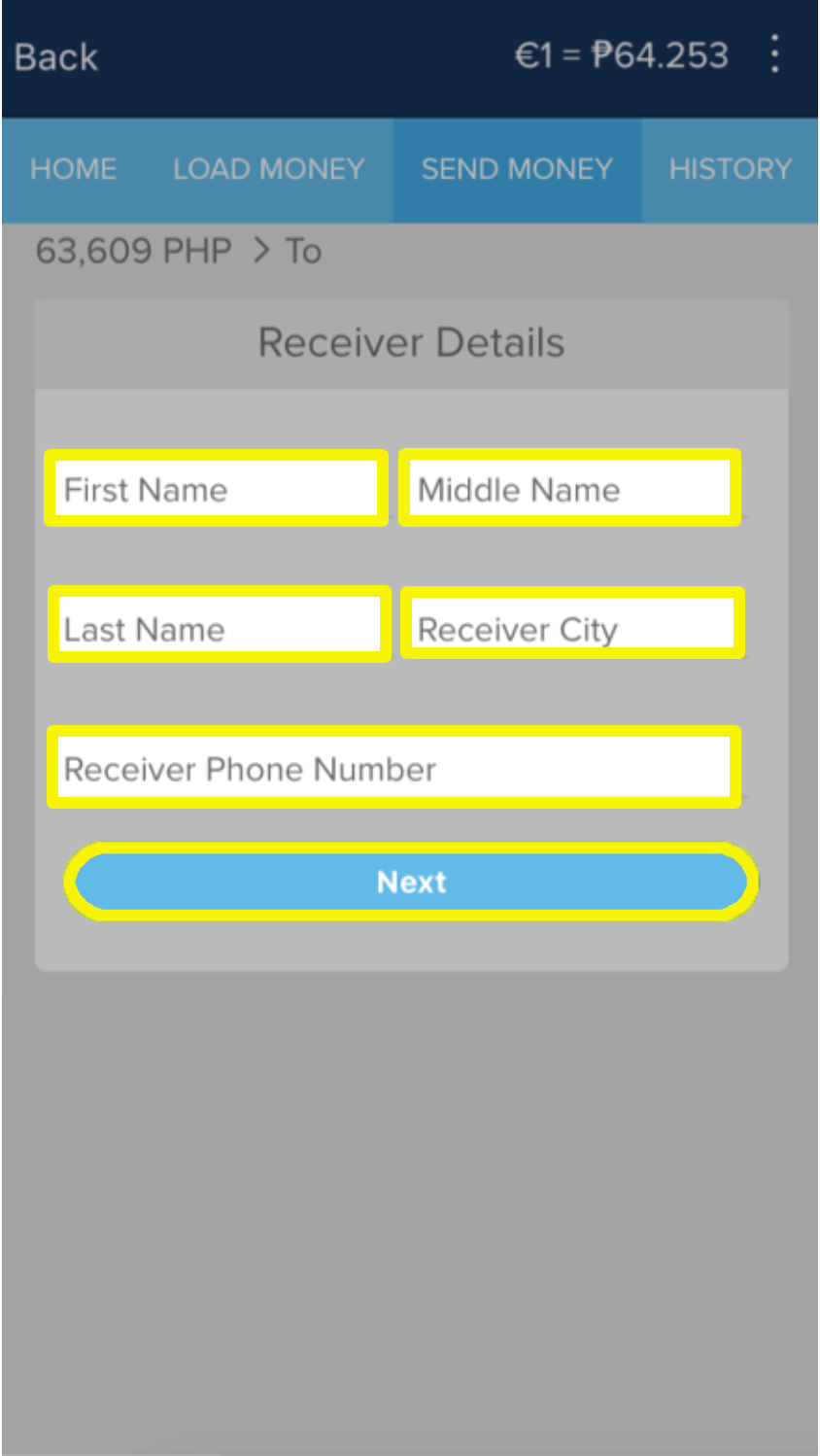 Page to enter your Receiver Details (first name, middle name, last name, receiver city, and receiver phone number)