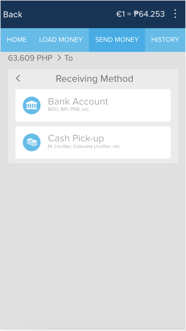 Page where the Receiving Methods are listed (Bank Account or Cash Pick-up)